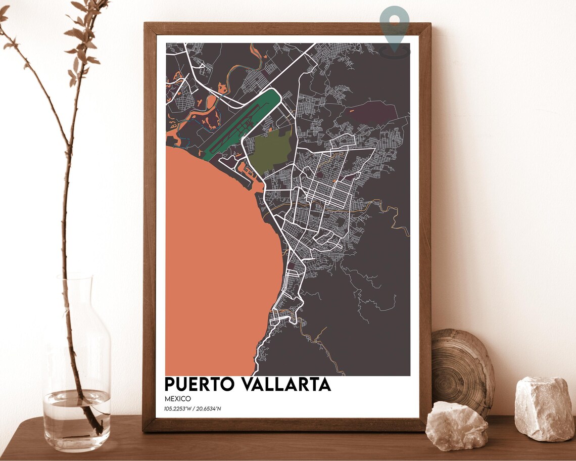 Puerto Vallarta Mexico Dark Cyan Coastal City Map Home Decor Poster Art - Image 5