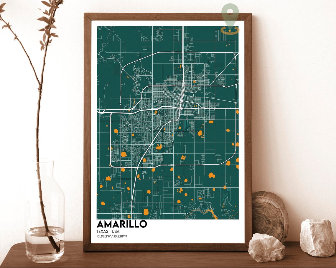Amarillo Texas USA Minimalist Dark Green City Street Map Poster