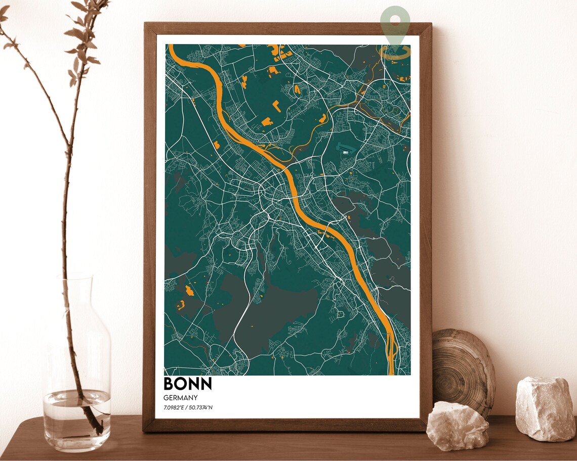 Bonn Germany Dark City Map With Orange River Street Art Poster - Image 3