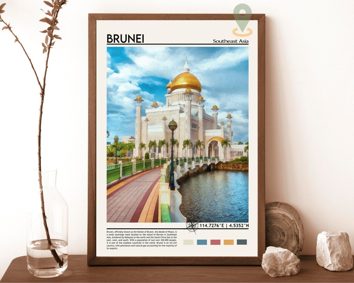 Brunei Southeast Asia Golden Dome Mosque Waterfront Painterly Poster