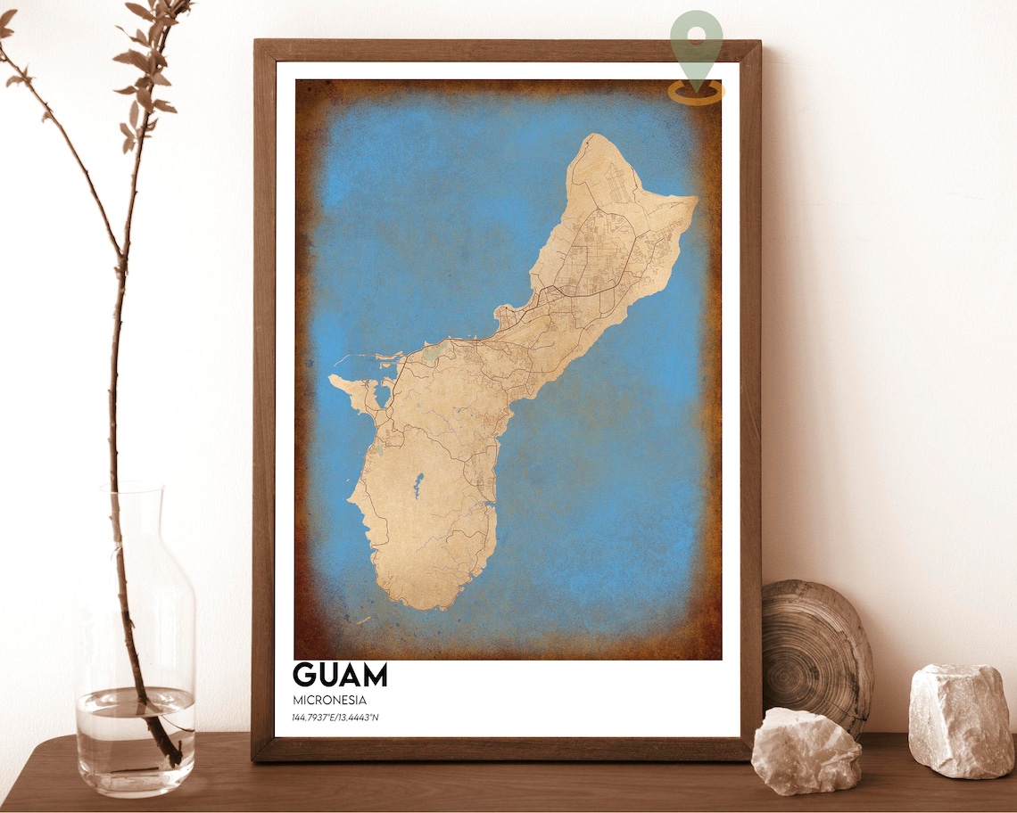Guam Micronesia Navy Blue Island Map Mustard Yellow Travel Poster - Image 3
