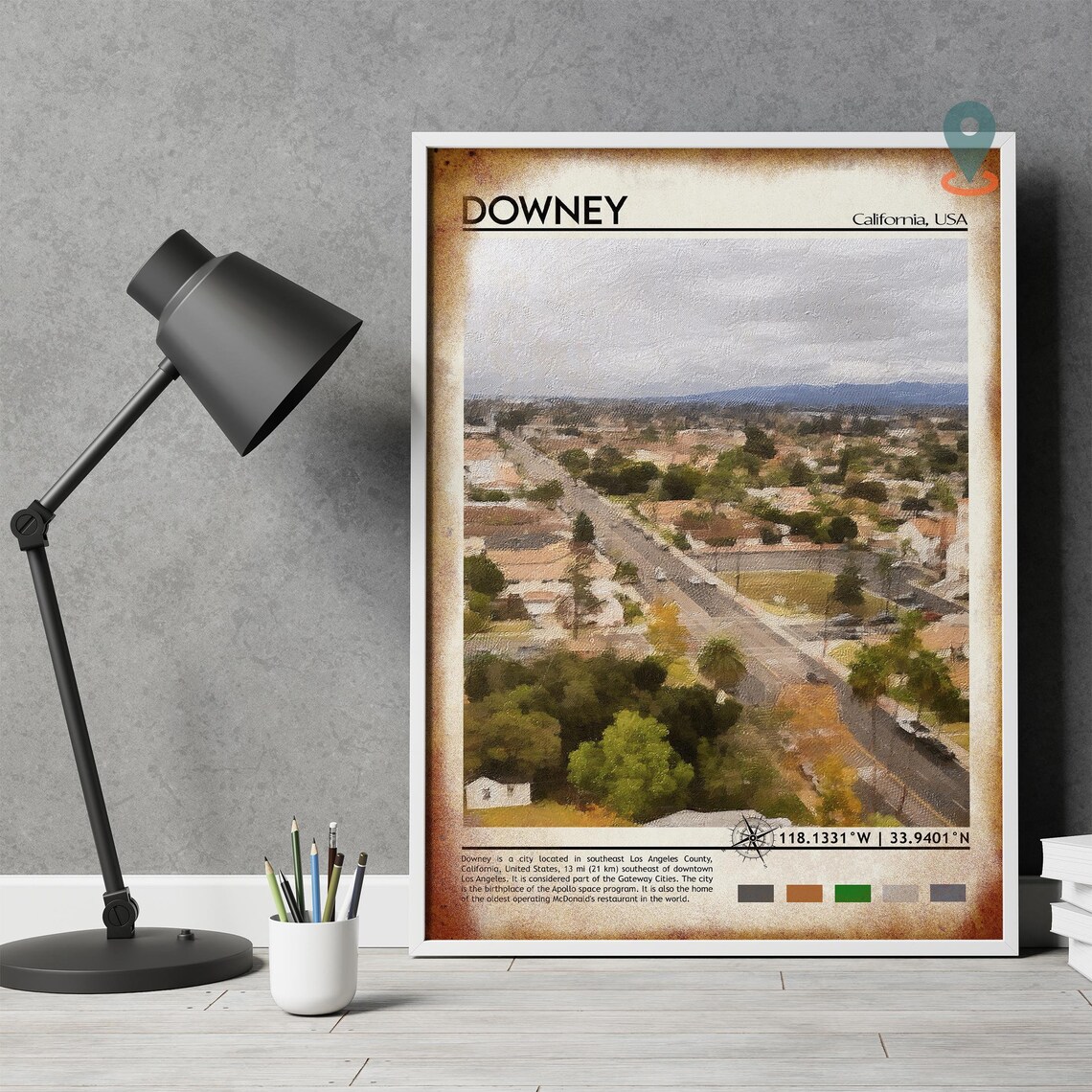 Downey California Aerial City View Watercolor Suburban Poster - Image 4