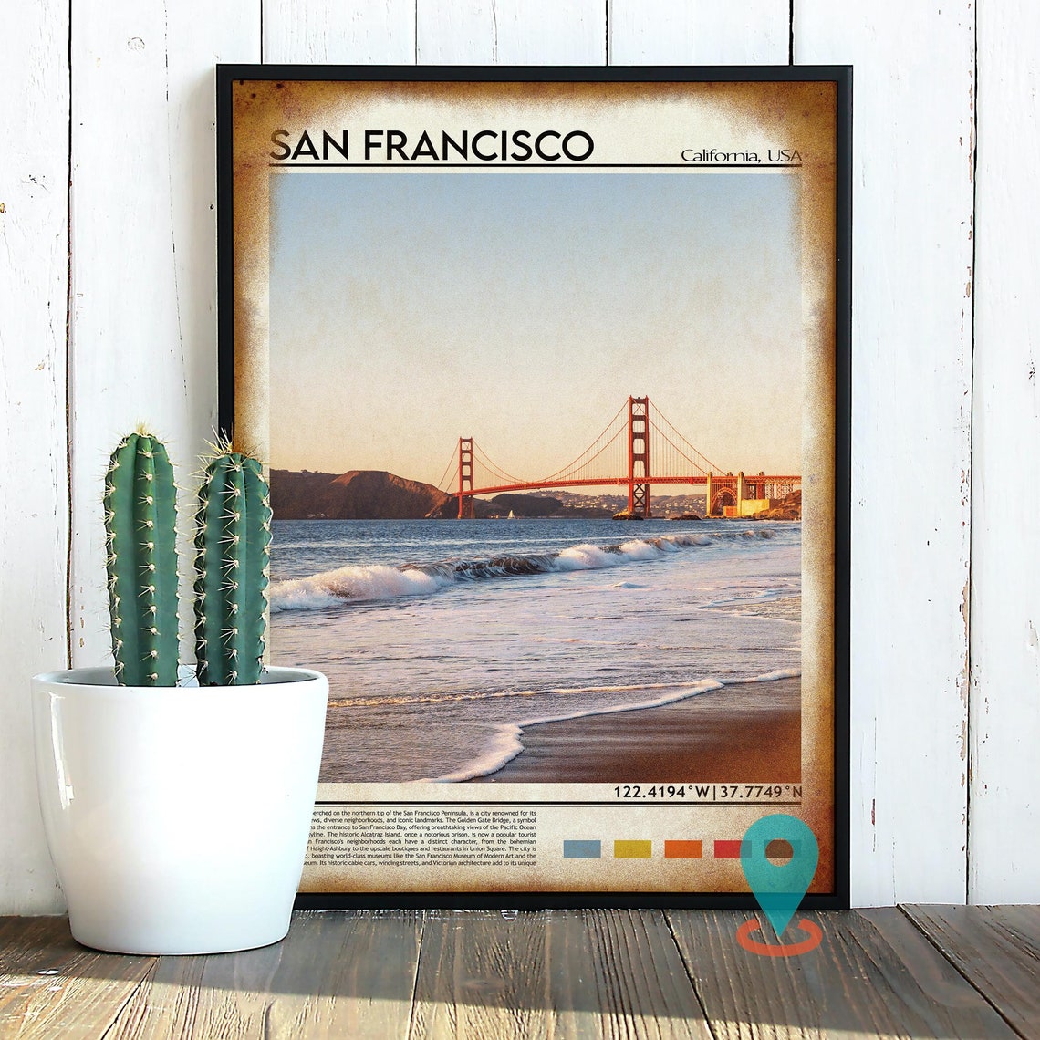 San Francisco Golden Gate Bridge Sunset Beach Waves Scene Poster - Image 2