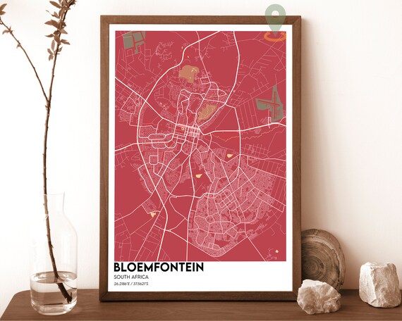 Bloemfontein South Africa Red City Map Street Layout Travel Poster