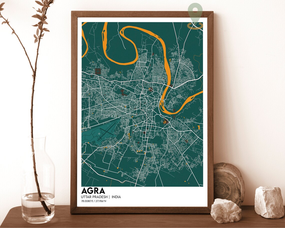 Agra India City Map Dark Yamuna River Taj City Street Map Poster - Image 3
