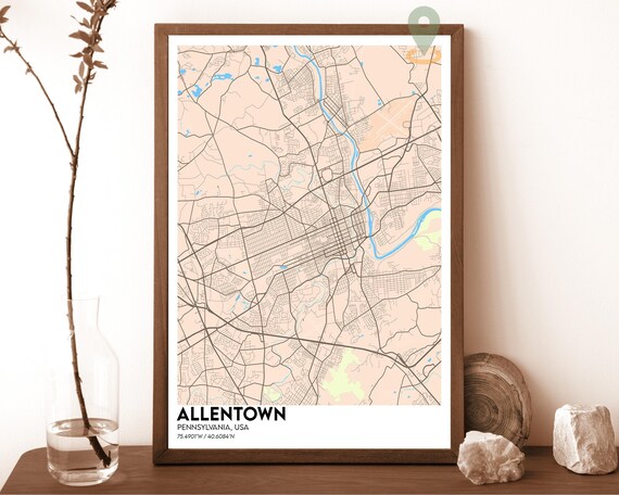 Allentown Pennsylvania blush pink with grey streets Street Map Coordinates Poster