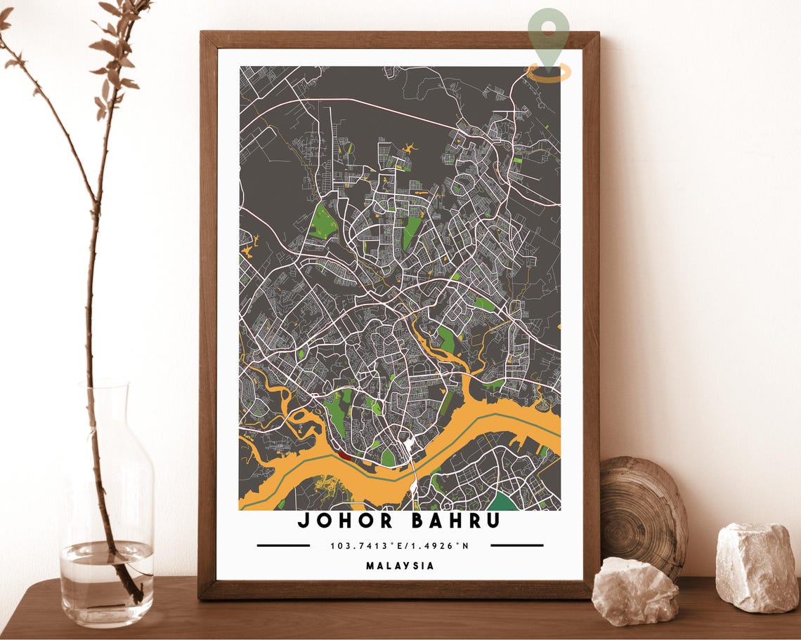 Johor Bahru Malaysia City Street Map Teal Orange Poster Decor - Image 2