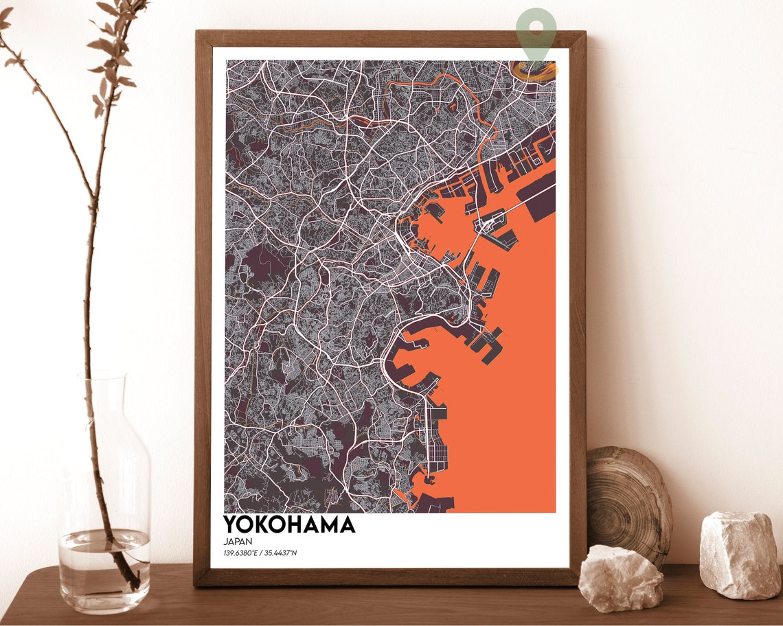 Yokohama Japan Navy Blue Golden Bay Modern City Map Art Poster - Image 4