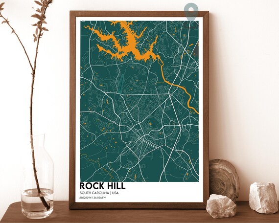 Rock Hill South Carolina Teal Green City Map Home Decor Poster