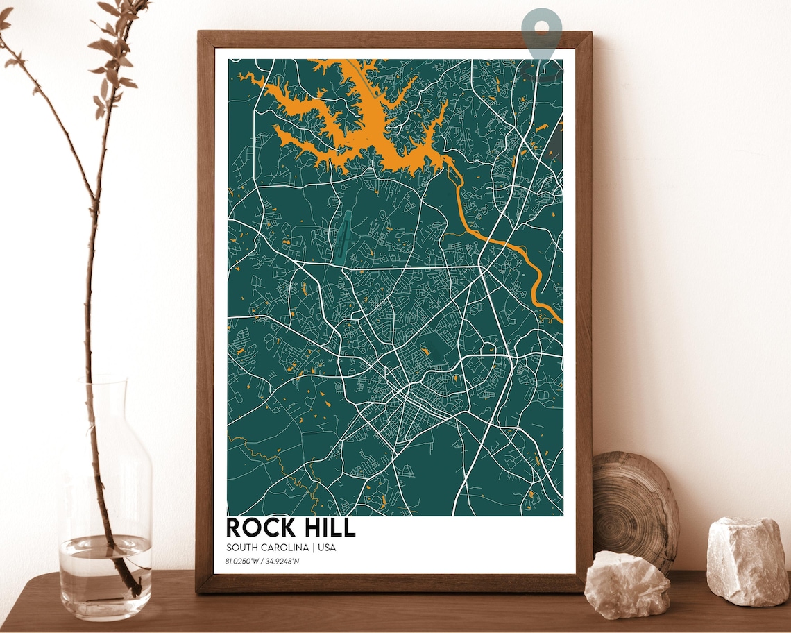 Rock Hill South Carolina Teal Green City Map Home Decor Poster