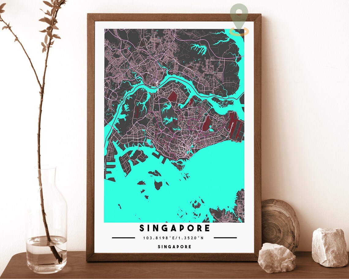 Singapore City Map Art Poster Navy Yellow Modern Travel Decor - Image 4