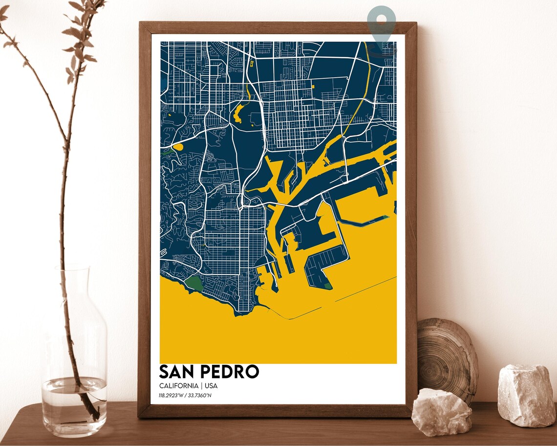 San Pedro California Dark Cyan Harbor City Map Home Decor Poster - Image 6