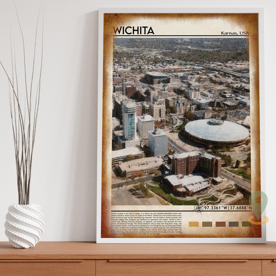 Wichita Kansas Downtown Aerial City View Oil Paint Art Poster - Image 4