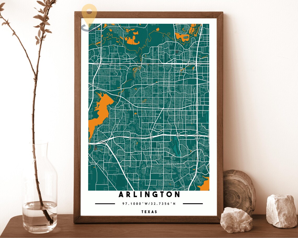 Arlington Texas charcoal with orange highlights Street Map Coordinates Poster - Image 5