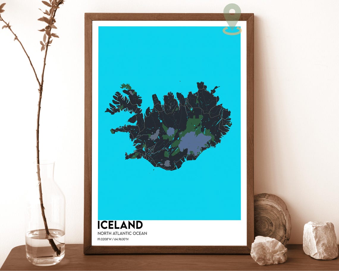 Iceland North Atlantic Ocean White Teal Modern Map Art Poster - Image 4