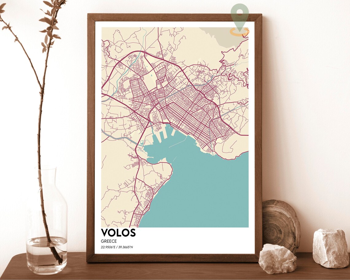 Volos Greece City Map Poster Charcoal Cyan Modern Coastal Artwork - Image 6
