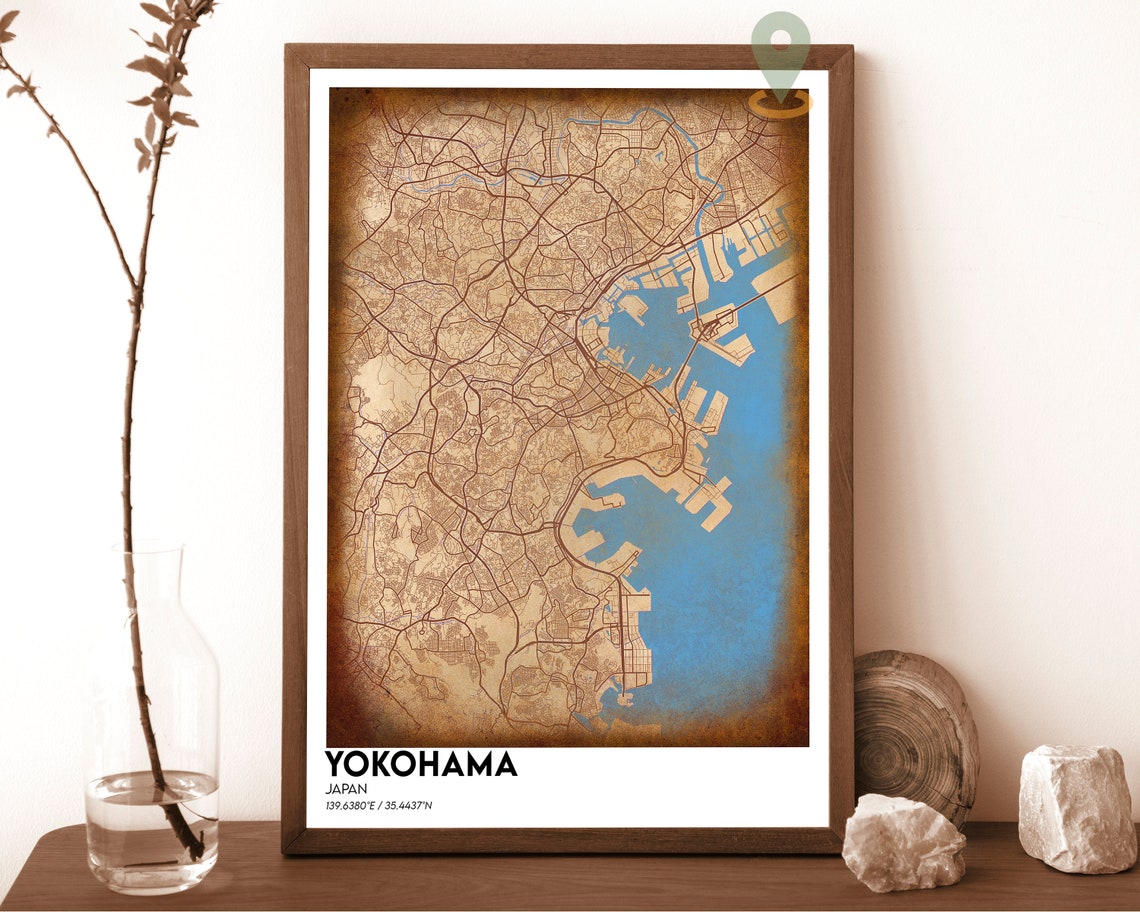 Yokohama Japan Navy Blue Golden Bay Modern City Map Art Poster - Image 2