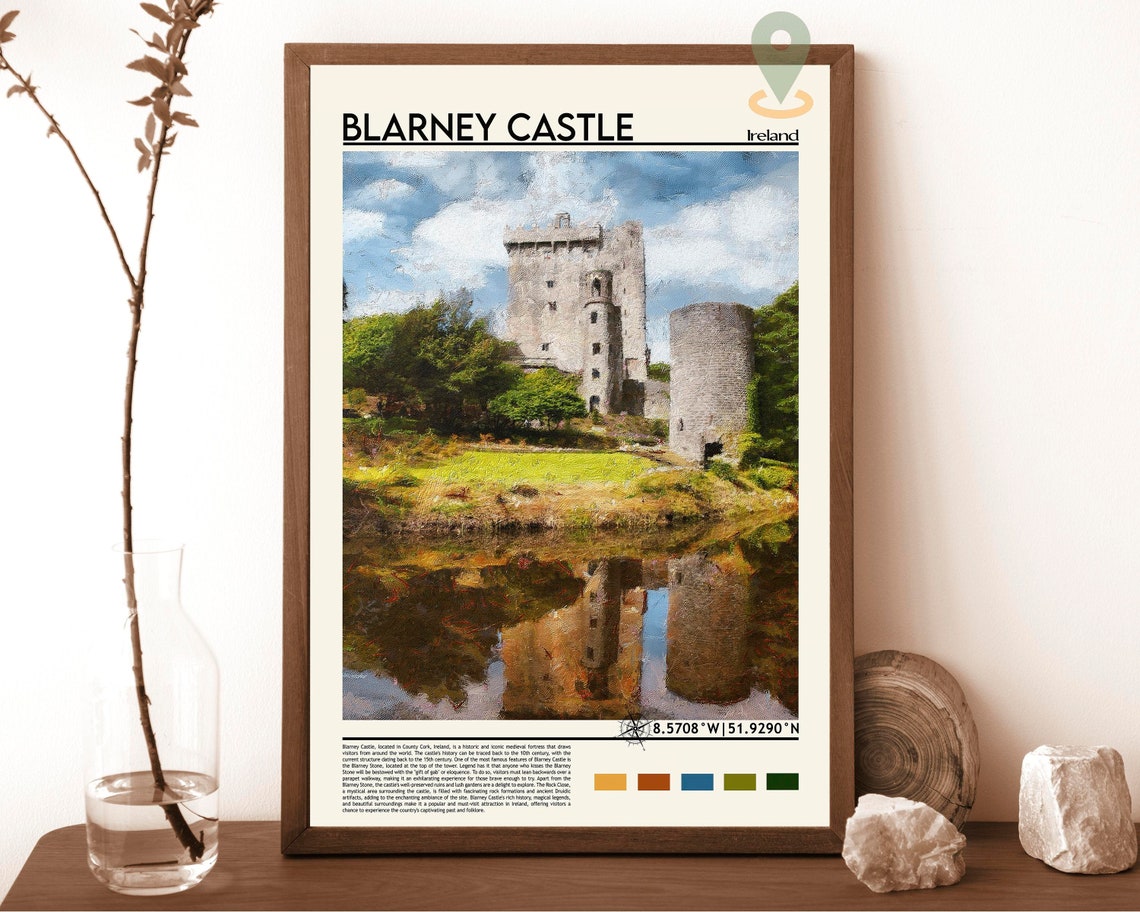 Blarney Castle Ireland Medieval Tower Lake Reflection Travel Poster