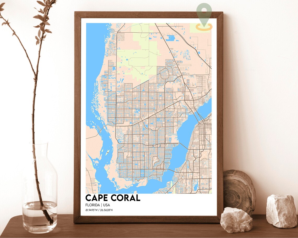 Cape Coral Florida City Map Poster Navy Yellow Coastal Art Style - Image 5