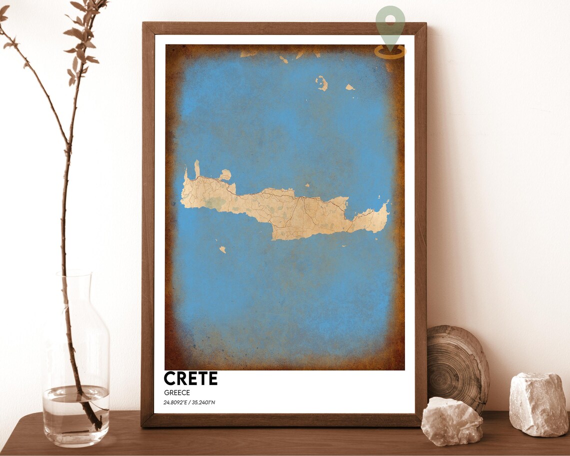 Crete Greece Minimalist Island Map Art Cyan Dark Modern Wall Decor Poster - Image 6