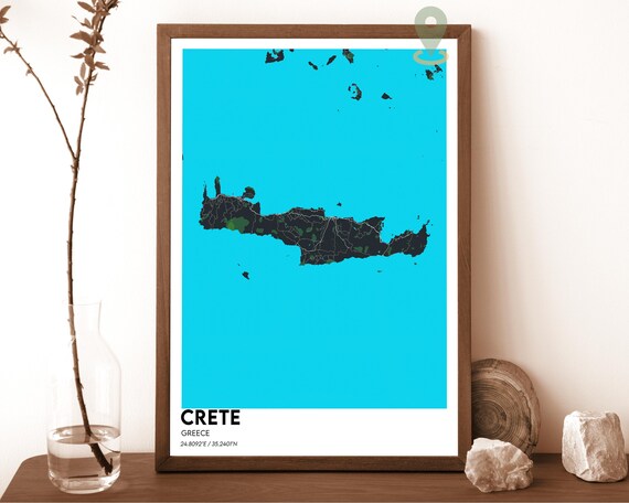 Crete Greece Minimalist Island Map Art Cyan Dark Modern Wall Decor Poster