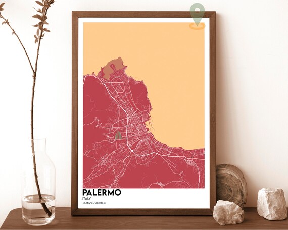Palermo Italy Red Modern Minimalist City Map Street Grid Poster