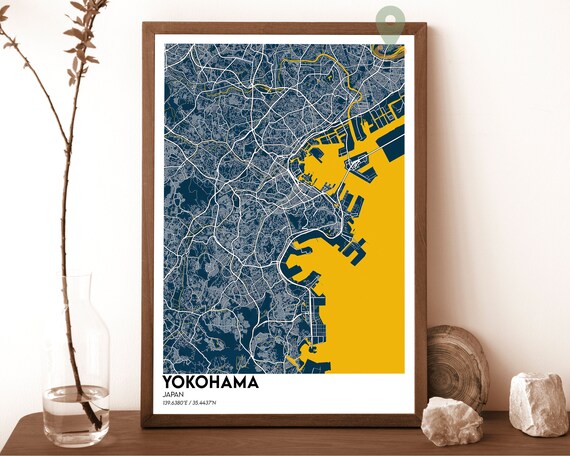Yokohama Japan Navy Blue Golden Bay Modern City Map Art Poster