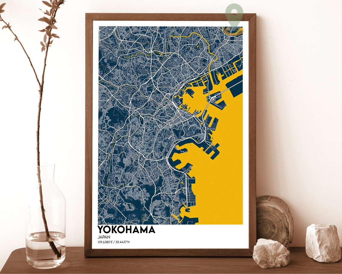 Yokohama Japan Navy Blue Golden Bay Modern City Map Art Poster