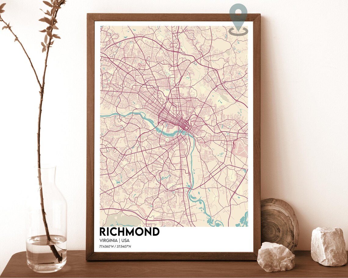 Richmond Virginia Maroon Cream Vintage City Map Home Decor Poster