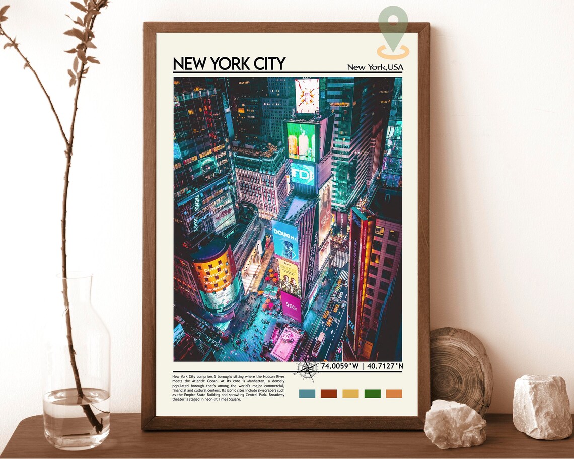 New York City Times Square Manhattan Neon Night Aerial Travel Poster
