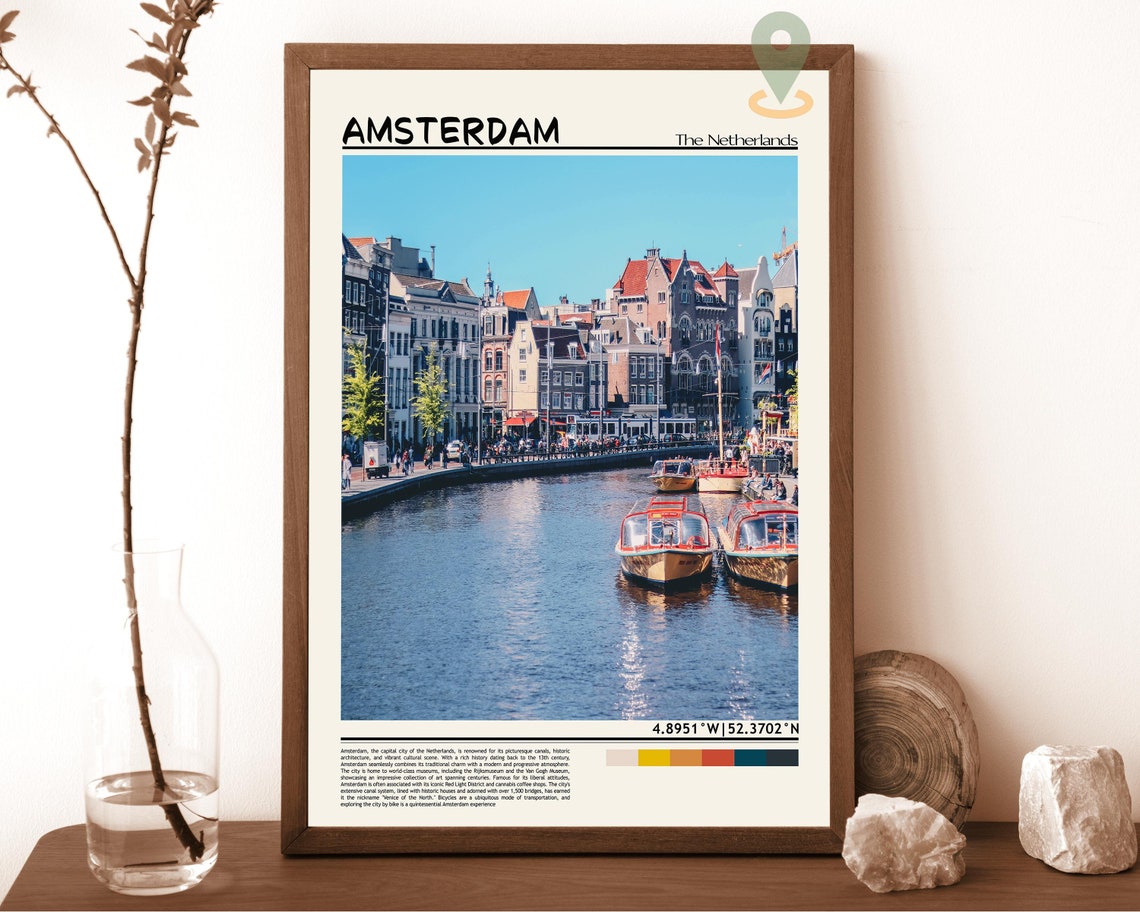Amsterdam Netherlands Canal Boats Historic Waterfront Poster
