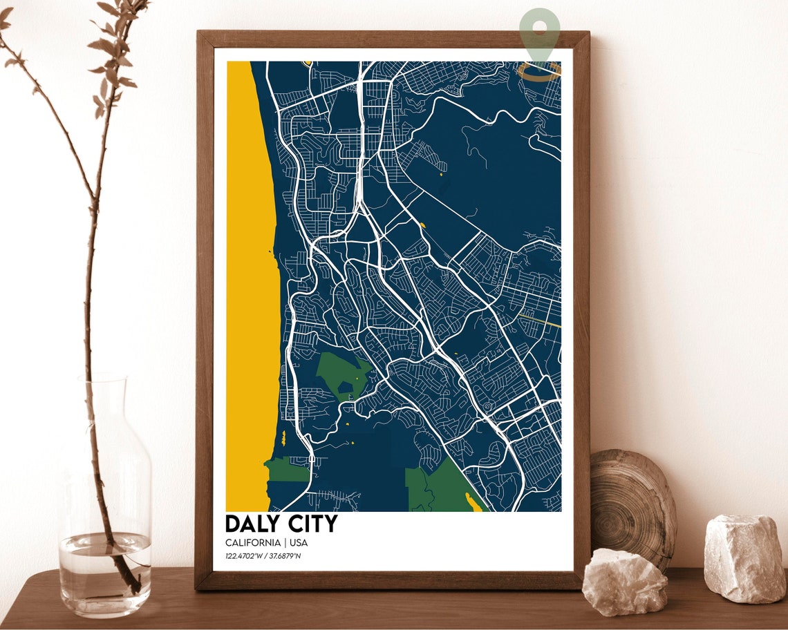 Daly City California Cream Maroon Coastal City Map Art Poster - Image 2