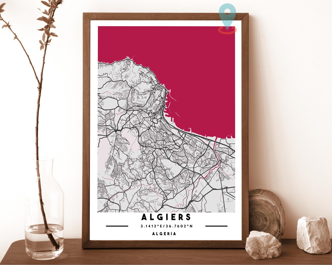 Algiers Algeria navy with a pale cream coast Street Map Coordinates Poster - Image 2