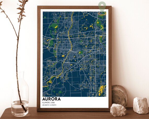 Aurora Illinois City Map Navy Golden River Street Grid Poster