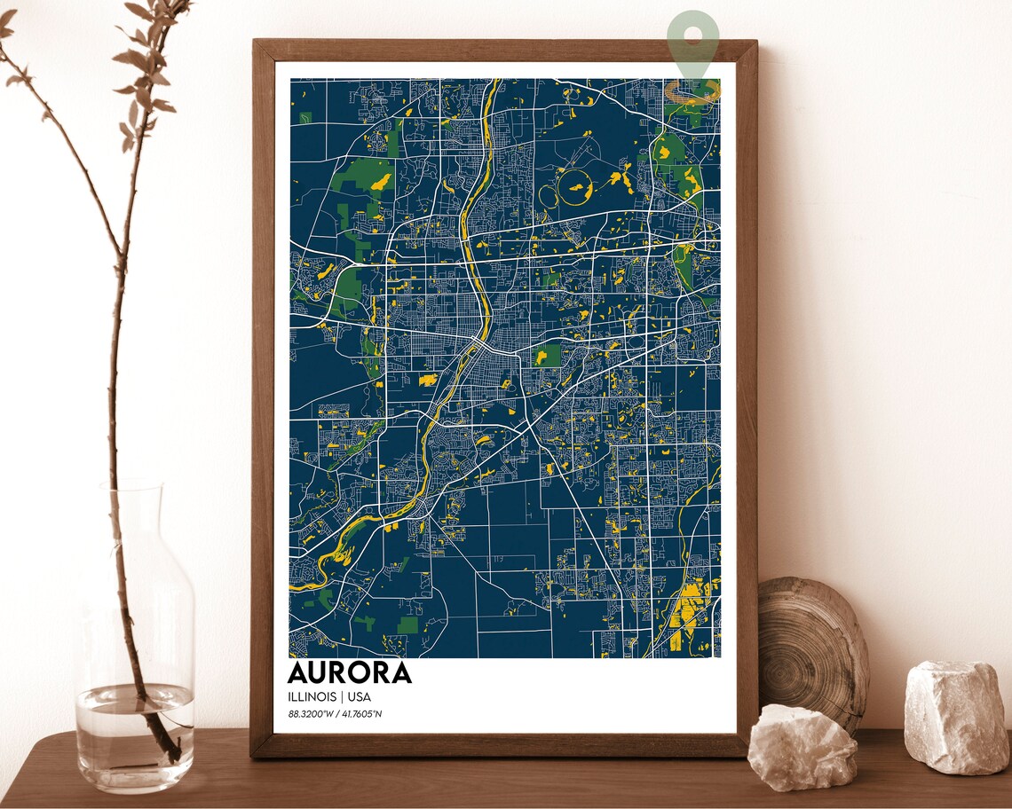 Aurora Illinois City Map Navy Golden River Street Grid Poster