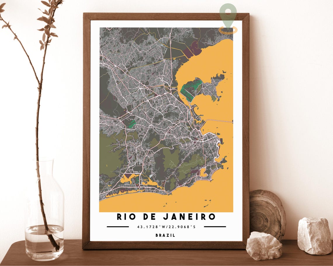 Rio de Janeiro Brazil Navy Gold Coastal Street Map Bold Wall Art - Image 3