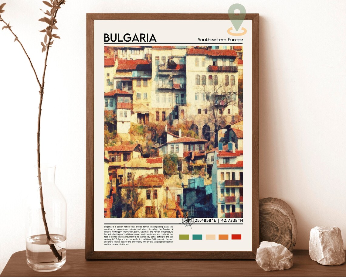 Bulgaria Southeast Europe Old Town Hillside Houses Watercolor Poster