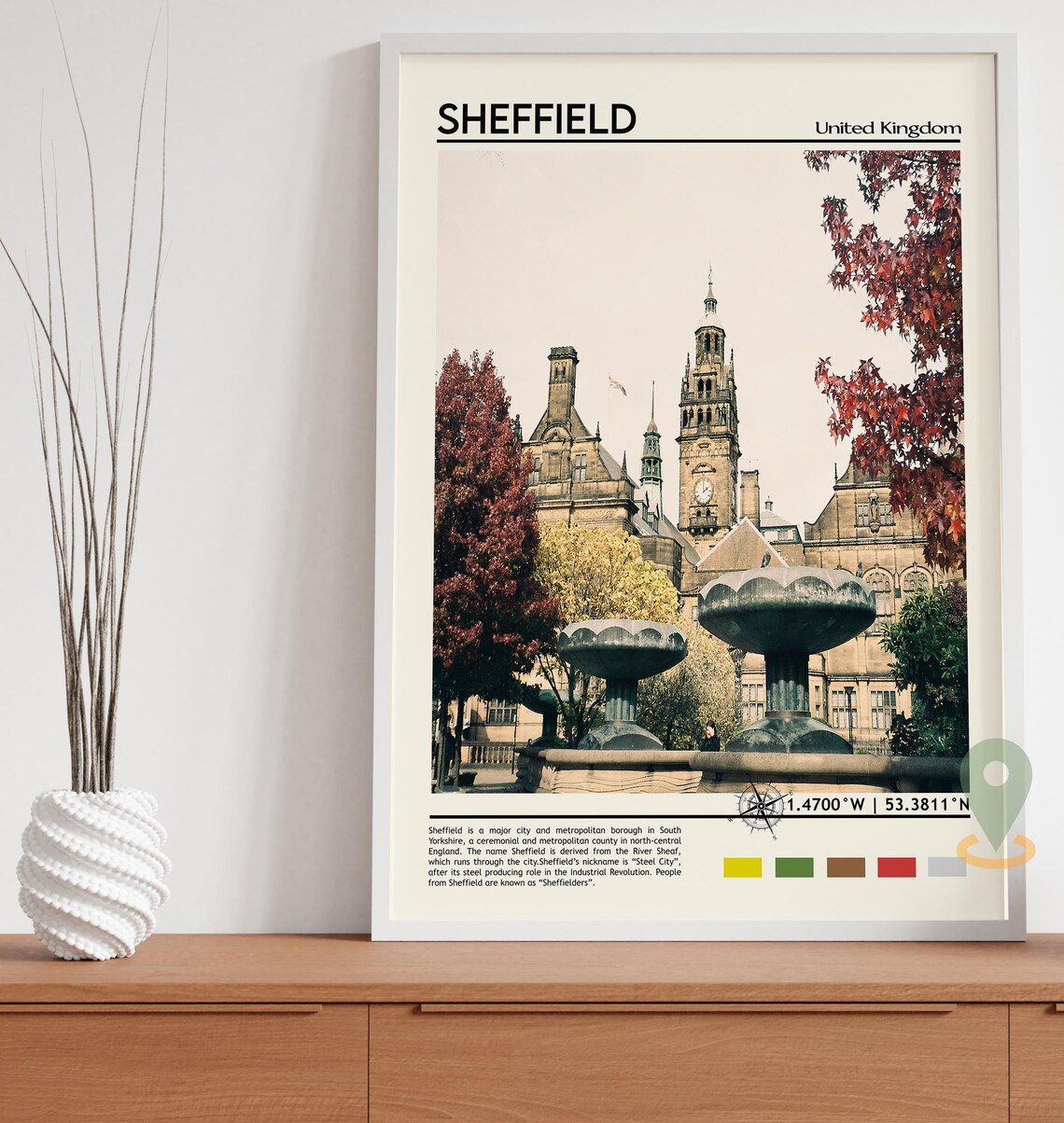 Sheffield United Kingdom City Hall Autumn Fountains Coordinate Poster - Image 3
