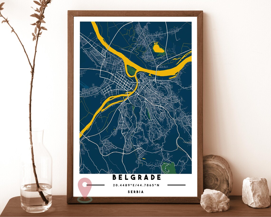 Belgrade Serbia navy with a golden Danube river Street Map Coordinates Poster