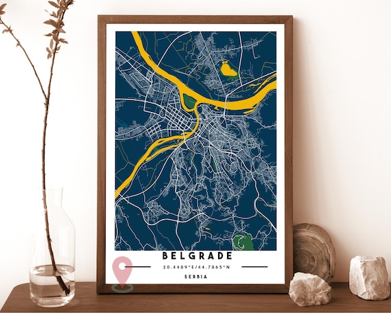 Belgrade Serbia navy with a golden Danube river Street Map Coordinates Poster