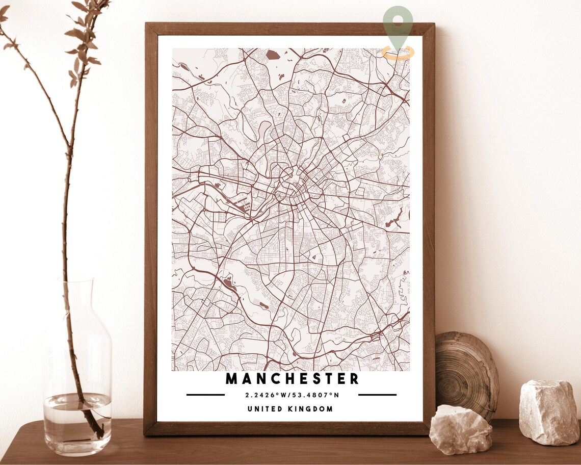 Manchester United Kingdom City Street Map Art Print for Calm UK Interiors