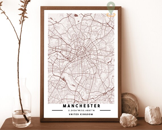 Manchester United Kingdom City Street Map Art Print for Calm UK Interiors