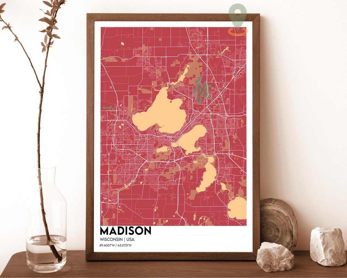 Madison Wisconsin Plum Pink Lakes Modern City Map Art Poster - Image 3