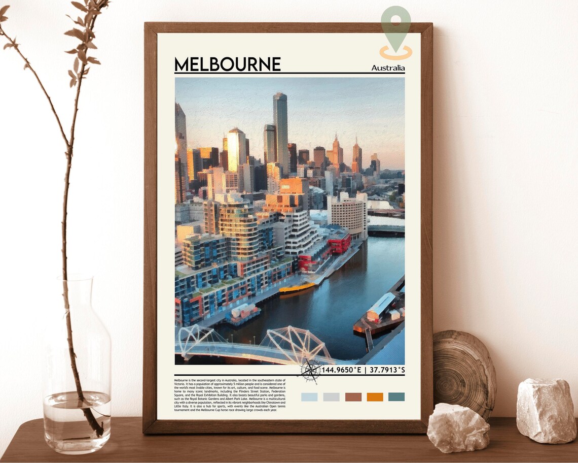 Melbourne Australia Skyline River Dusk City Vintage Travel Poster