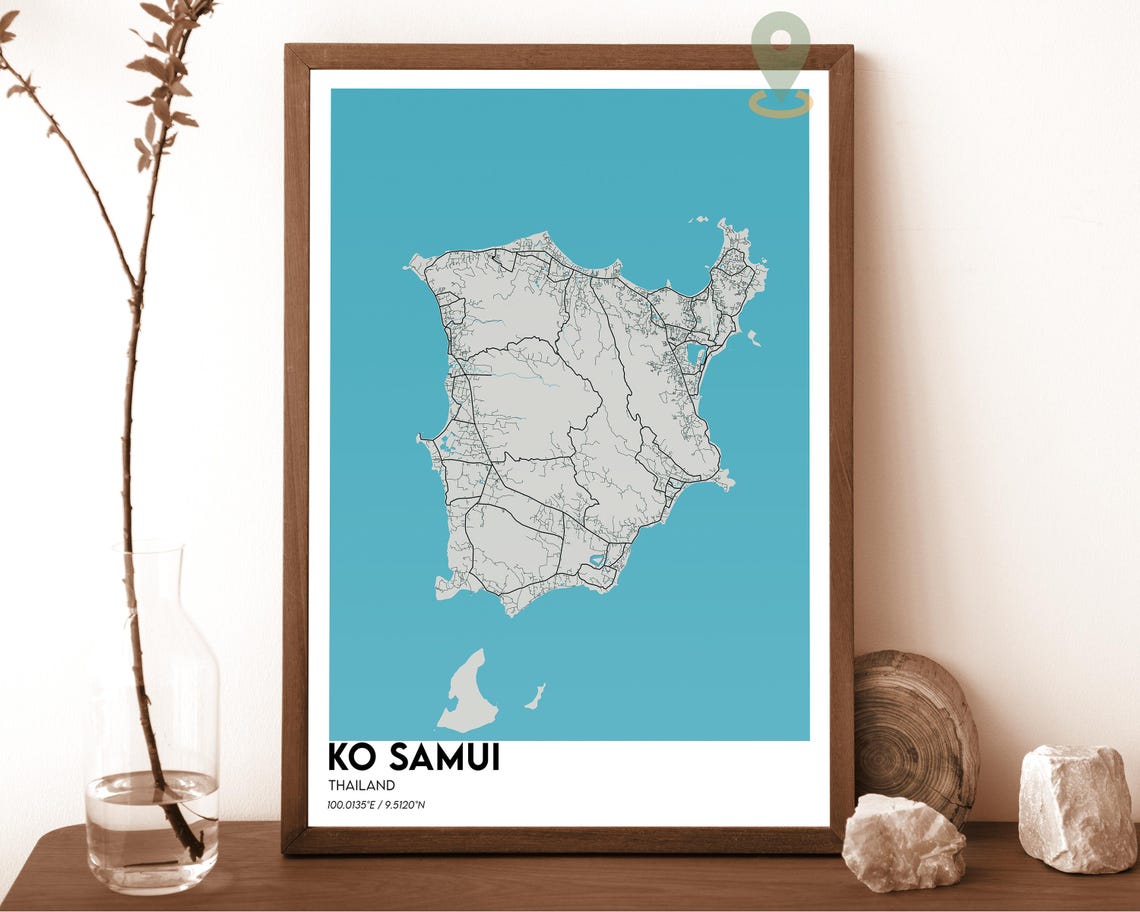 Ko Samui Thailand Island Map Minimal Light on Teal Graphic Poster