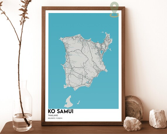 Ko Samui Thailand Island Map Minimal Light on Teal Graphic Poster
