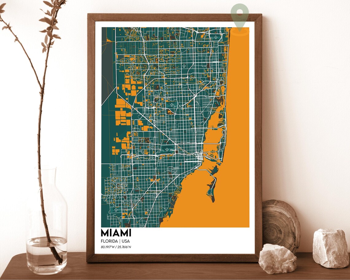 Miami Florida USA Vibrant Bold Navy Yellow City Street Map Poster - Image 4