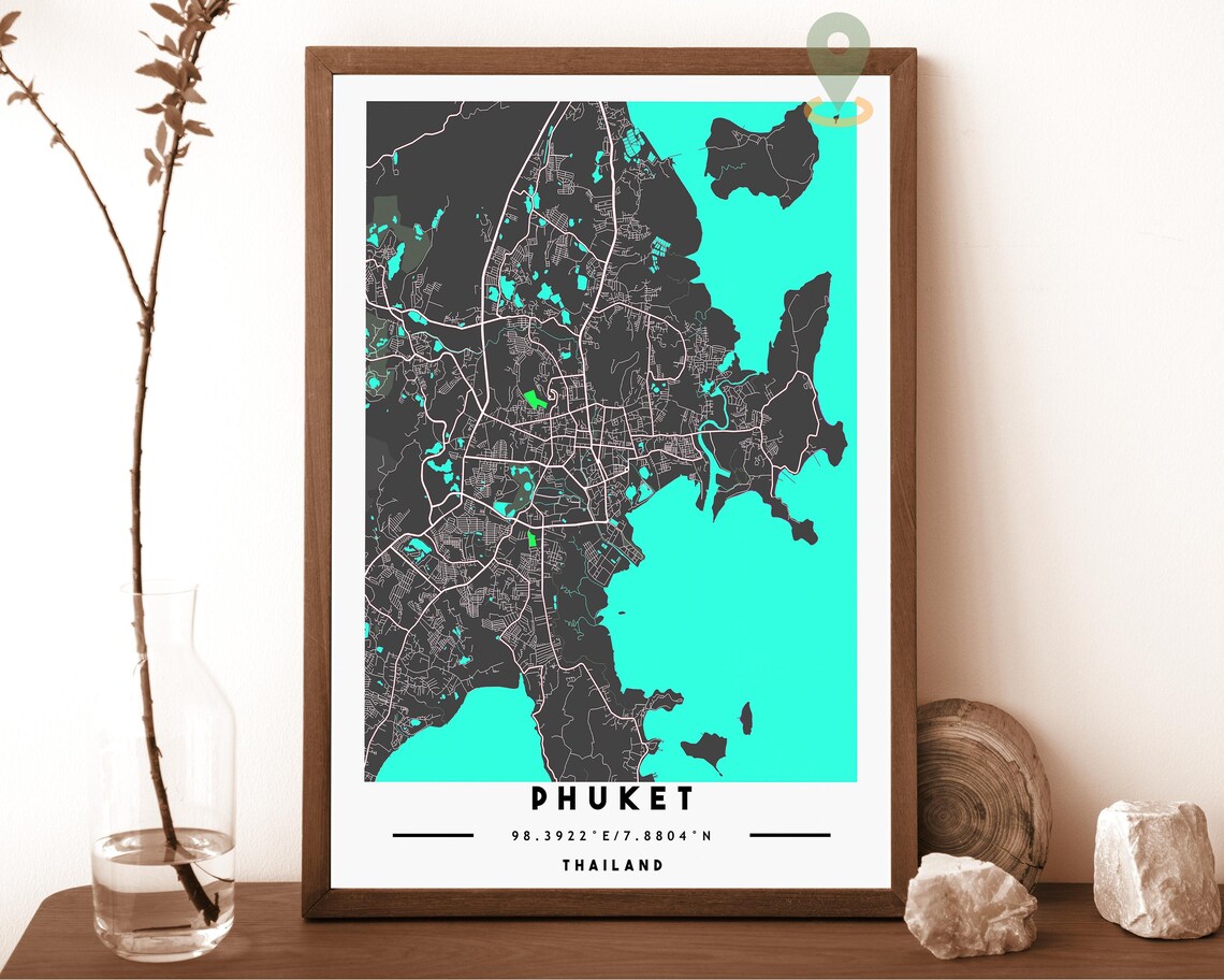 Phuket Thailand Navy Gold Island Street Map Modern Bold Wall Art - Image 5
