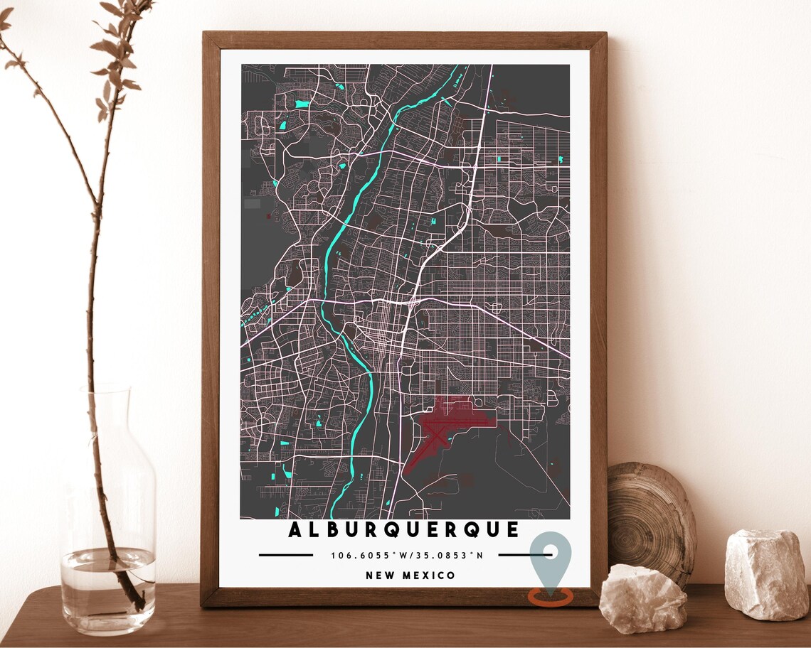 Albuquerque New Mexico navy with a gold river Street Map Coordinates Poster - Image 3
