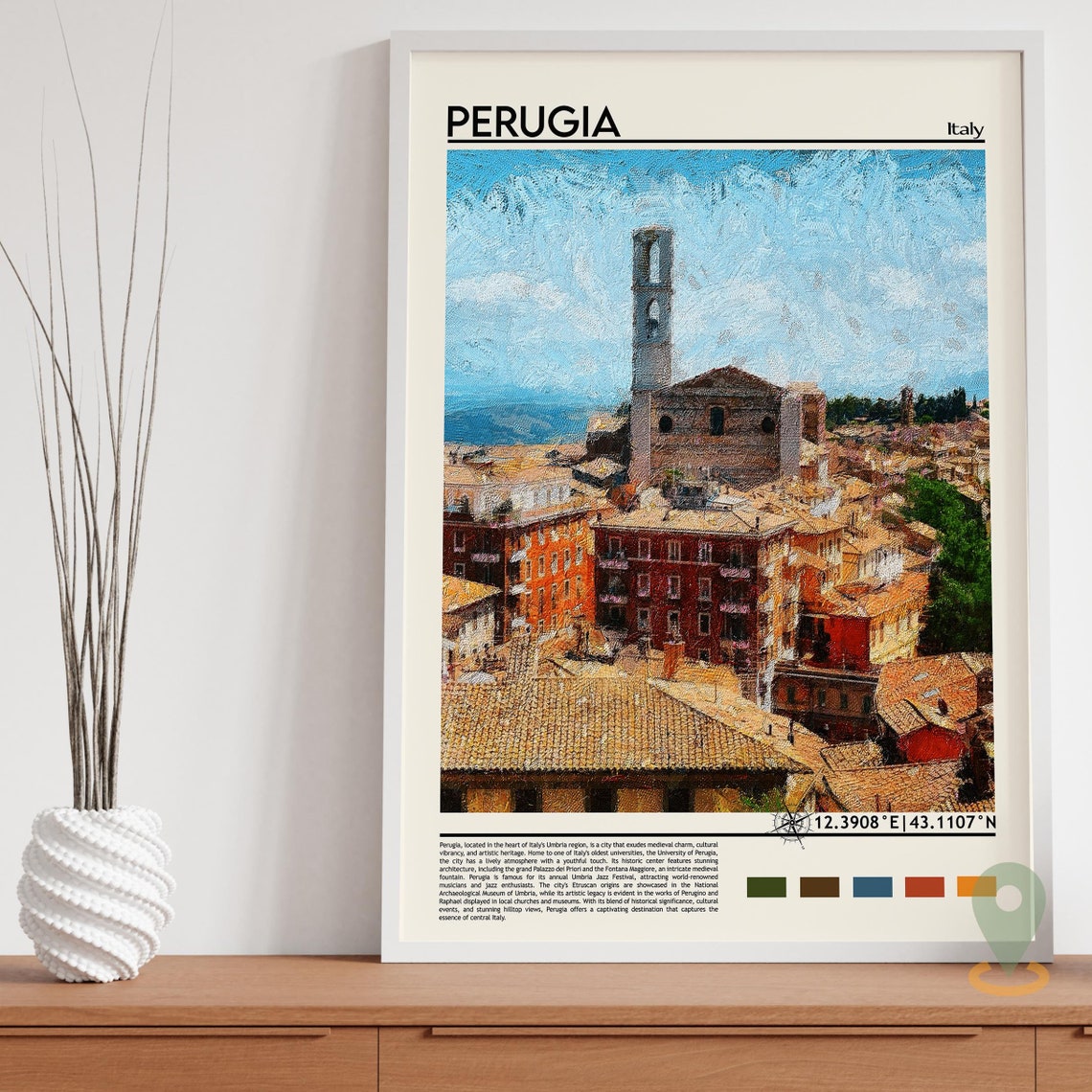 Perugia Italy Hilltop Old Town Bell Tower Painterly View Poster - Image 3